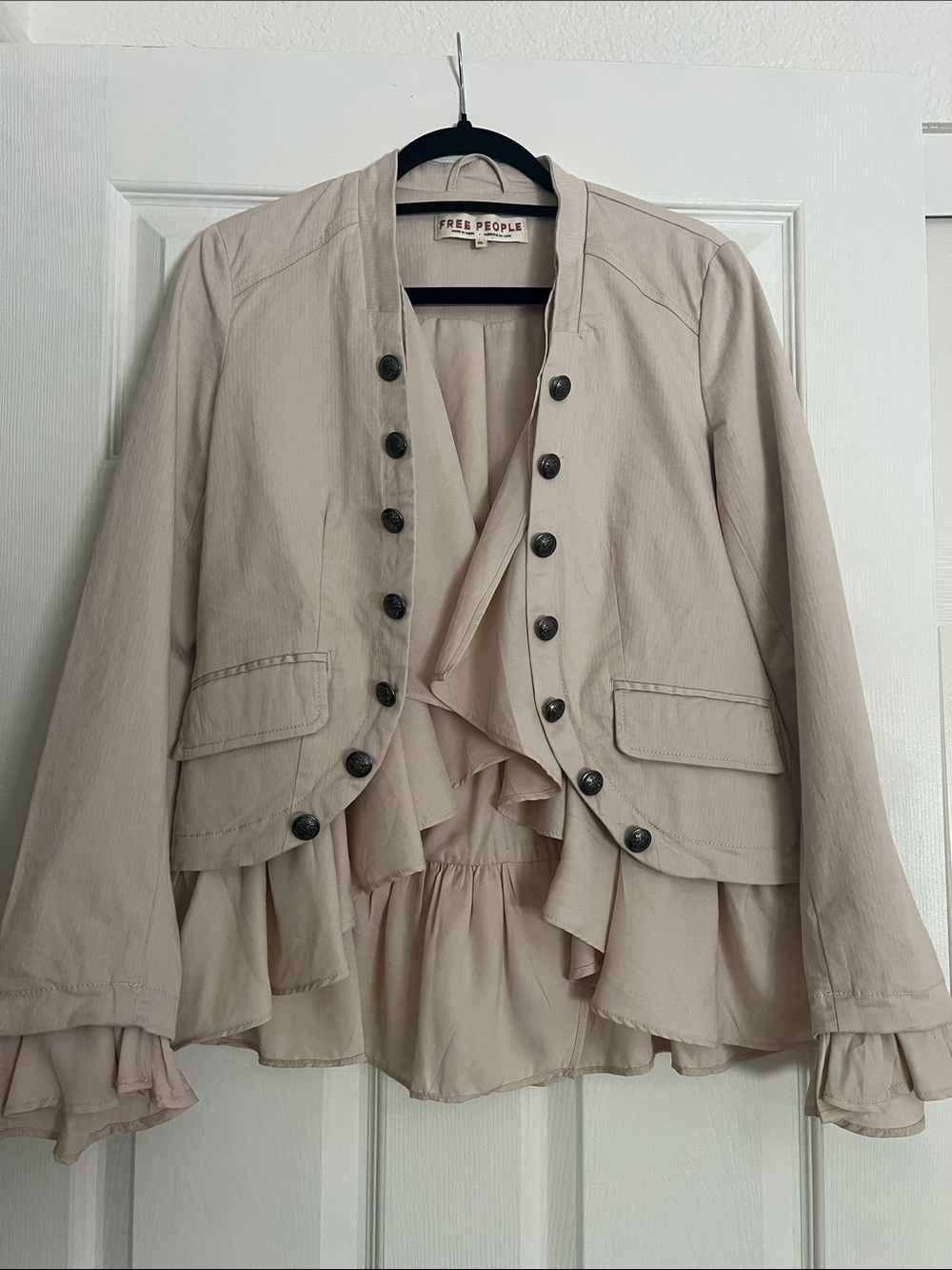 Free People Light Cream Ruffled Military-Style Blazer with pockets, satin lining